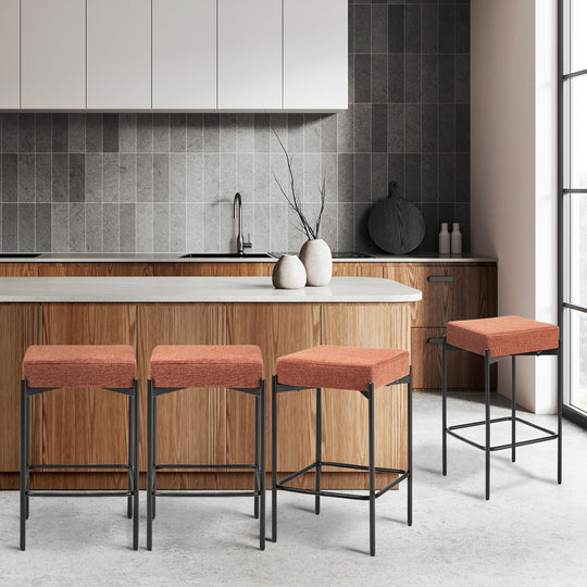 4x Bar Stools Kitchen Dining Chair Linen Seat Metal Orange - Bar Stool