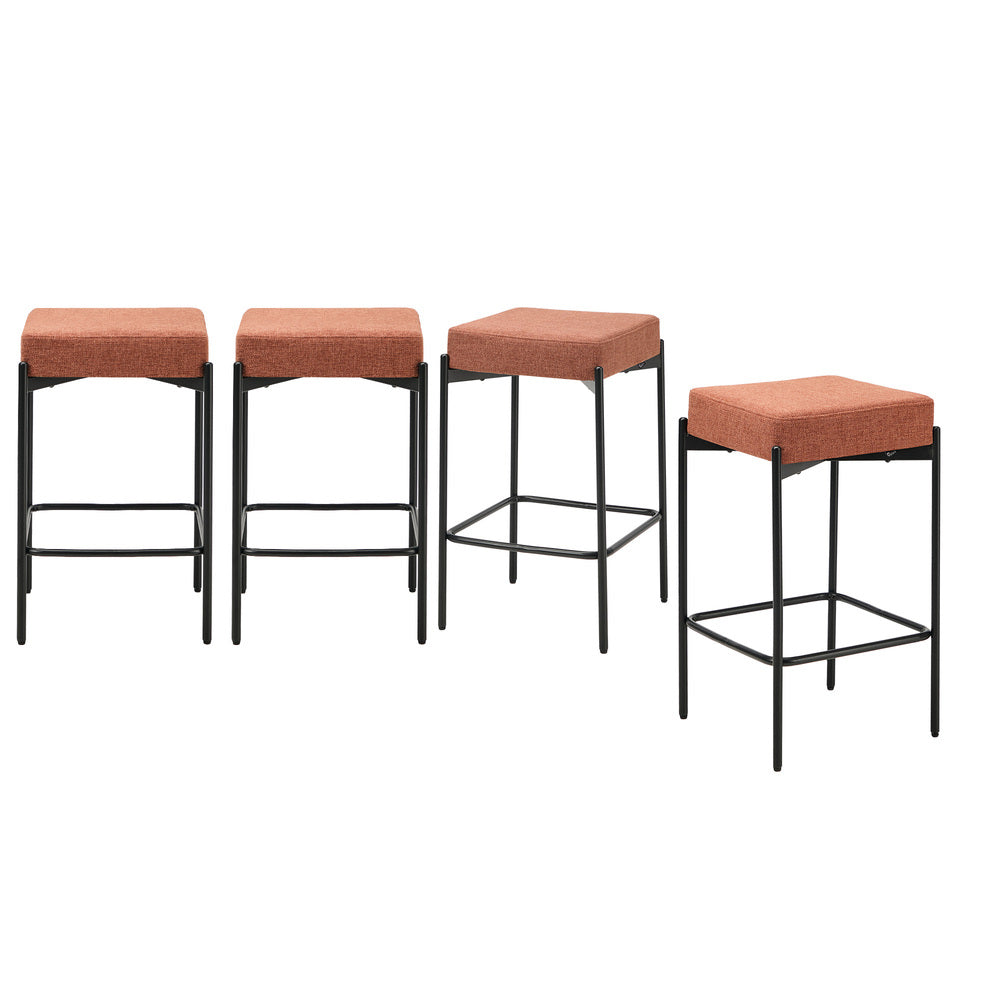 4x Bar Stools Kitchen Dining Chair Linen Seat Metal Orange