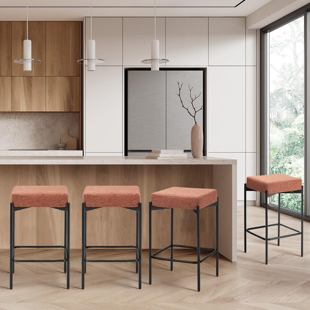 4x Bar Stools Kitchen Dining Chair Linen Seat Metal Orange