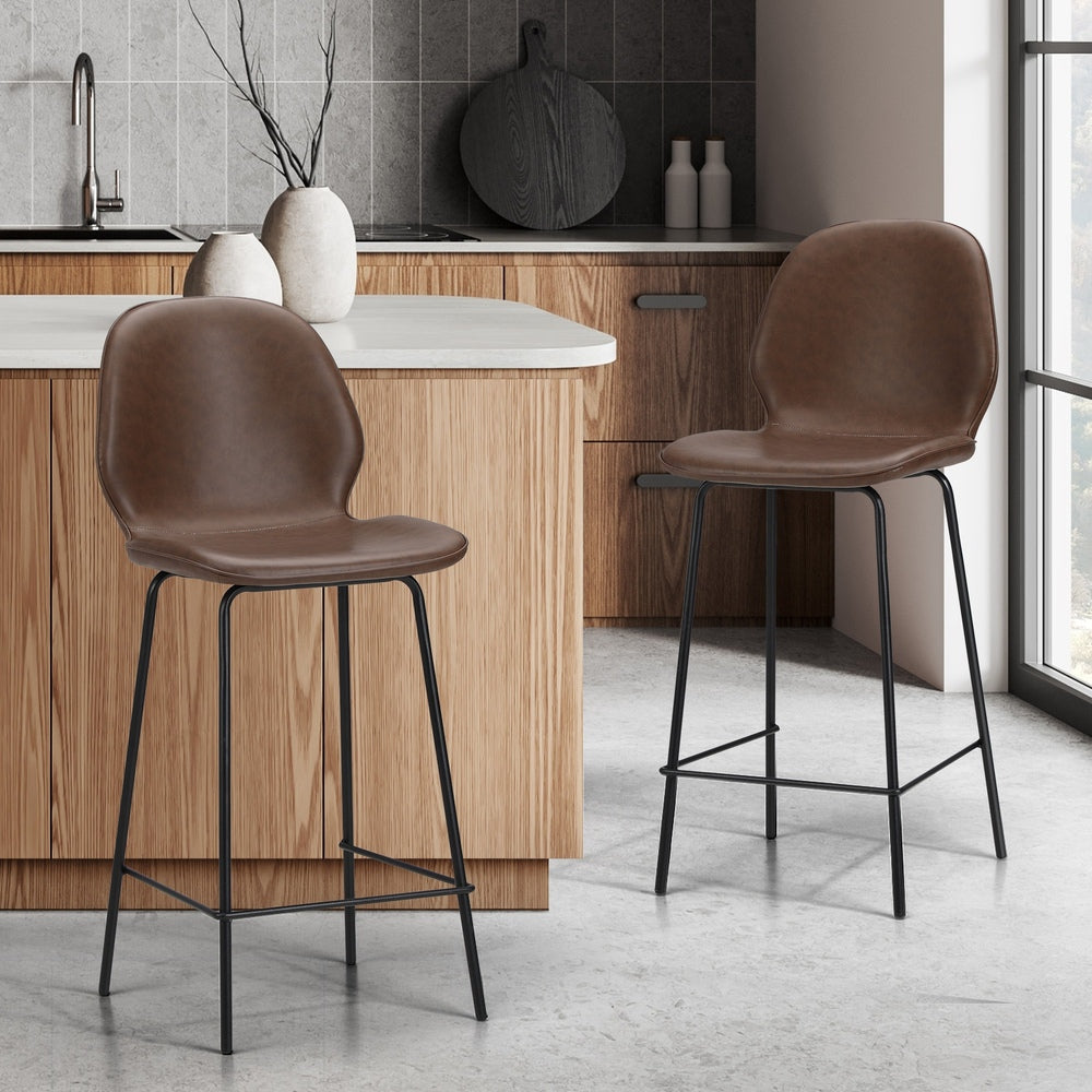 High Back PU Leather Bar Stools Set 2 Brown | Simpledeals