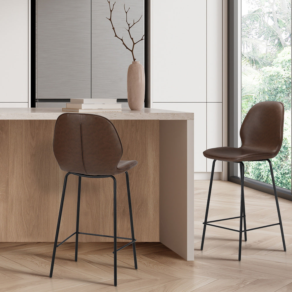 High Back PU Leather Bar Stools Set 2 Brown | Simpledeals