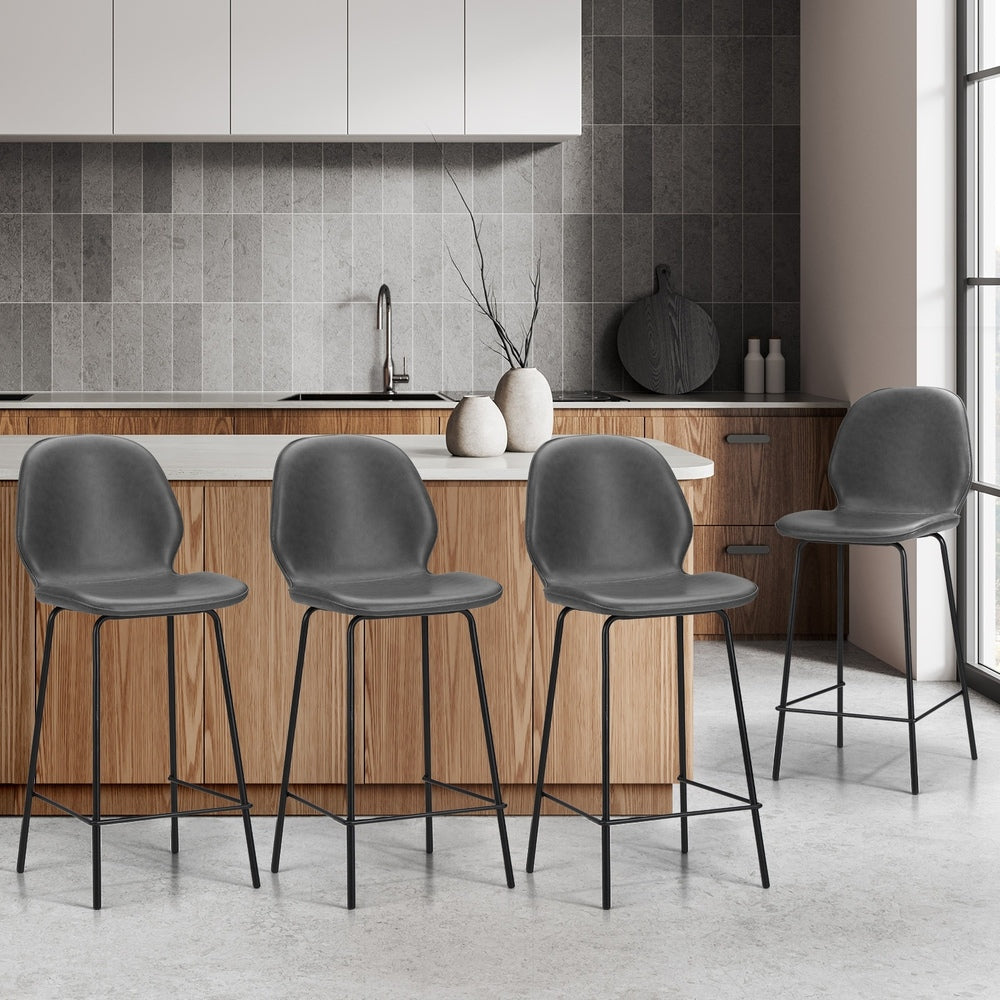 Set of 4 Bar Stools Kitchen Chairs High Leather Black Counter Seats Back/Grey