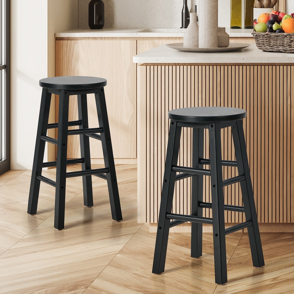 Round Bar Stools Set 2 Rubber Wood Black | Simpledeals