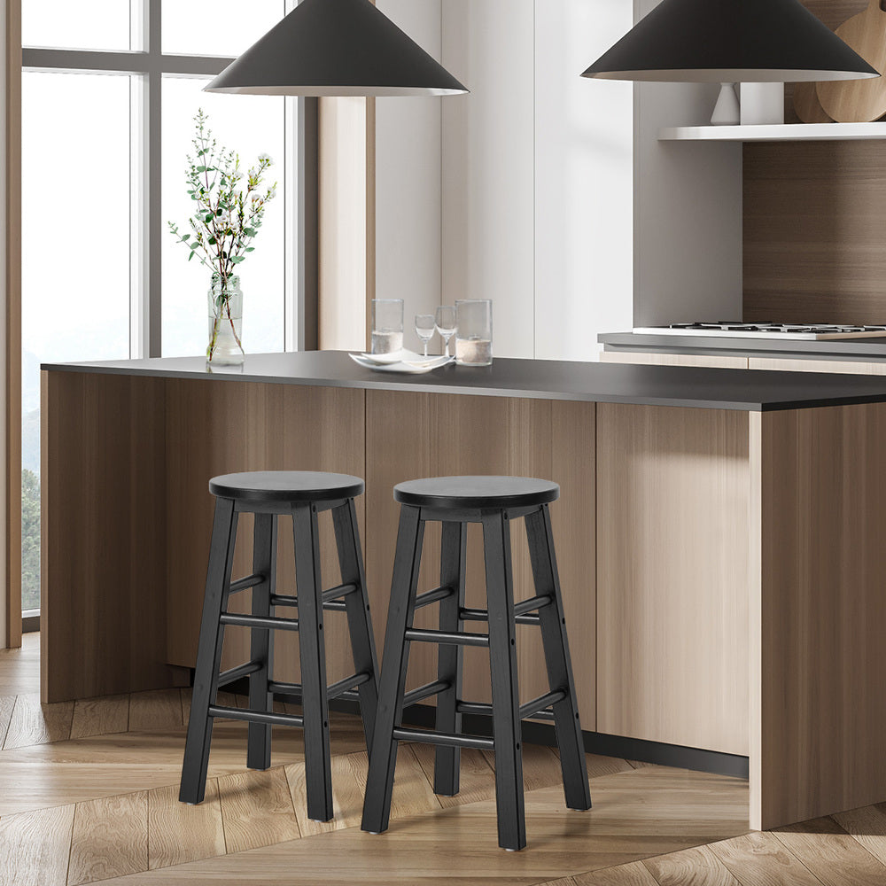 Round Bar Stools Set 2 Rubber Wood Black | Simpledeals