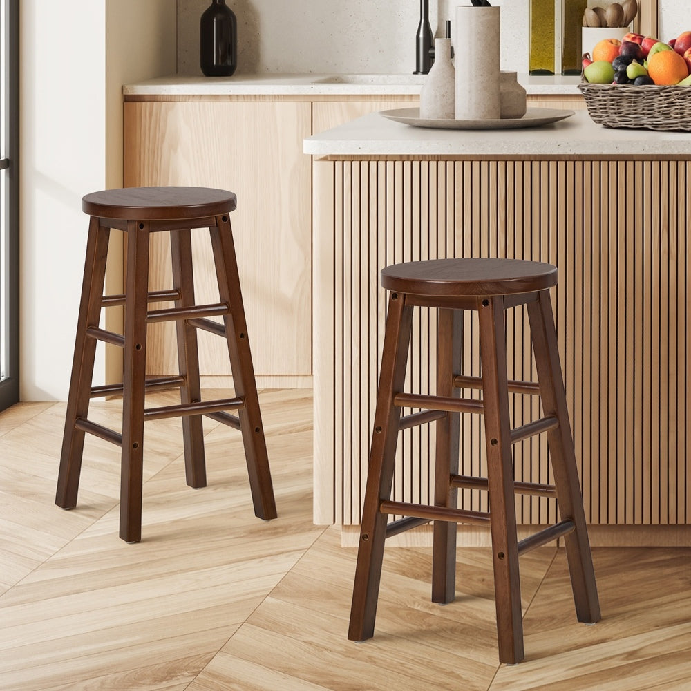 Round Bar Stools Set 2 Walnut Rubber Wood | Simpledeals