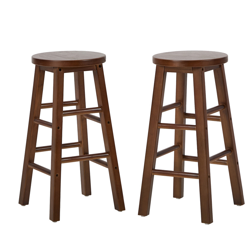 Round Bar Stools Set 2 Walnut Rubber Wood | Simpledeals