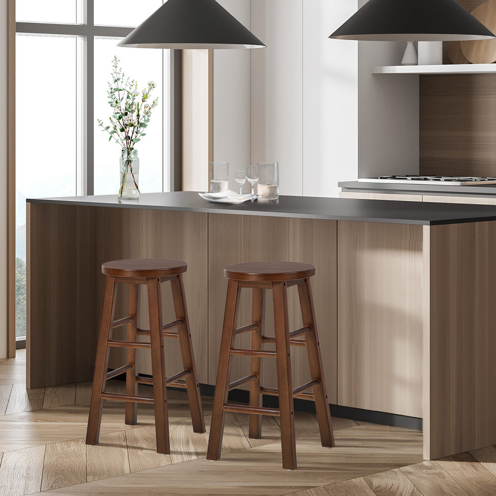 Round Bar Stools Set 2 Walnut Rubber Wood | Simpledeals