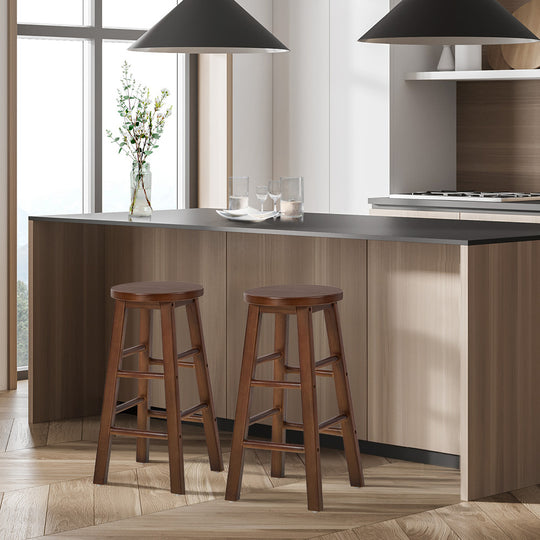 Round Bar Stools Set 2 Walnut Rubber Wood | Simpledeals