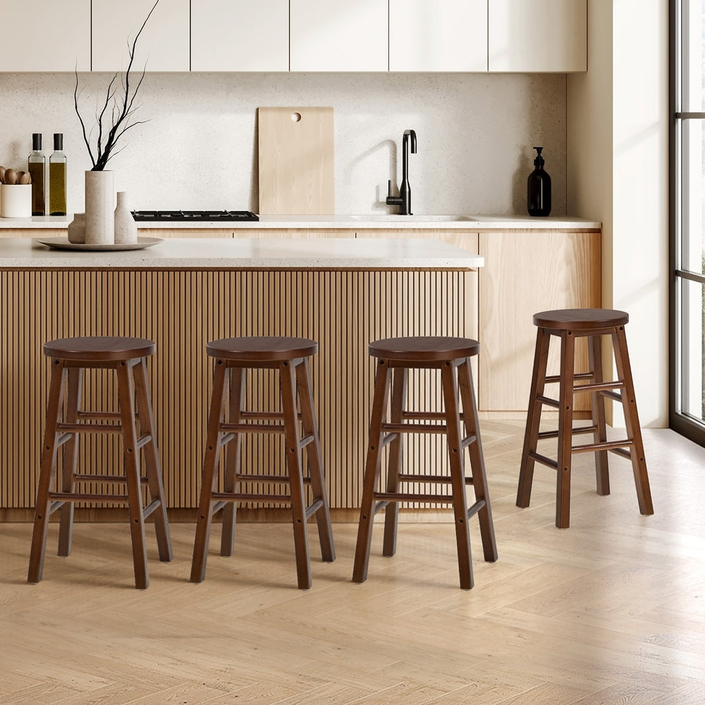 Round Bar Stools Set 4 Walnut Rubber Wood | Simpledeals