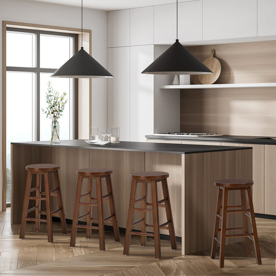Round Bar Stools Set 4 Walnut Rubber Wood | Simpledeals