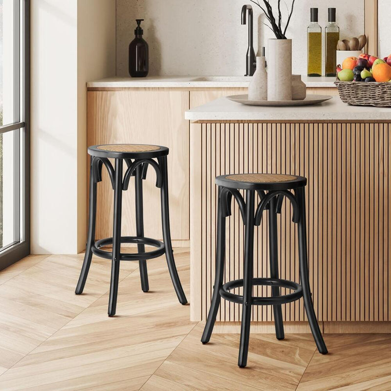 Bar Stool 2pc Kitchen Vintage Rattan Dining Chair Black/Wood | Barstool