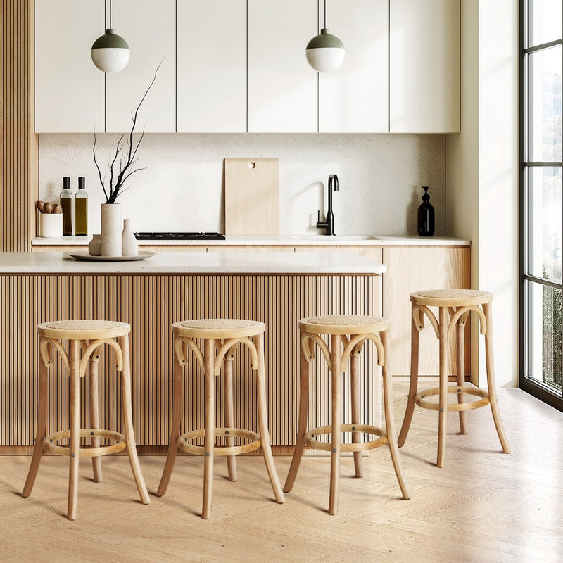 4x Bar Stools Dining Chair Rattan Seat Natural, Bar Stool