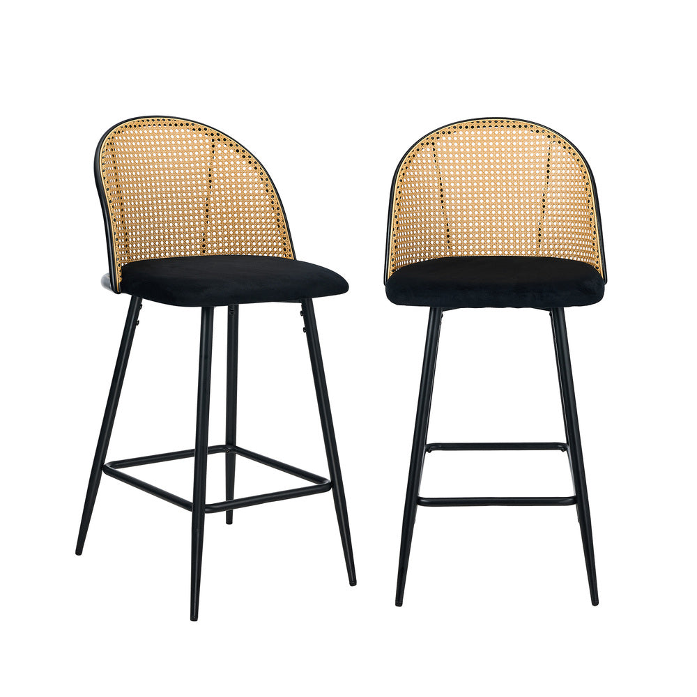 2x Bar Stools Rattan Dining Chair Velvet Black