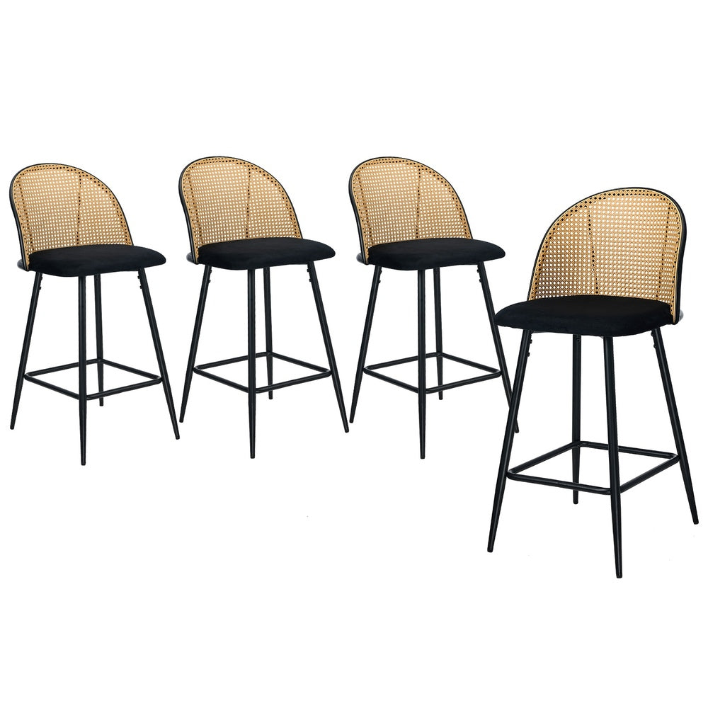 4x Bar Stools Rattan Dining Chair Velvet Black