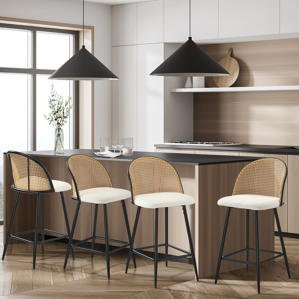 2/4x Bar Stools Kitchen Counter Stool Rattan Boucle Fabric