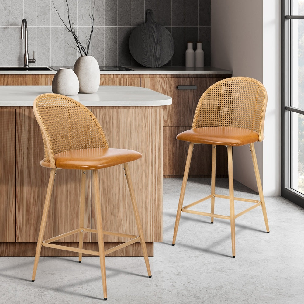 2x Bar Stools Rattan Dining Chair Velvet Black