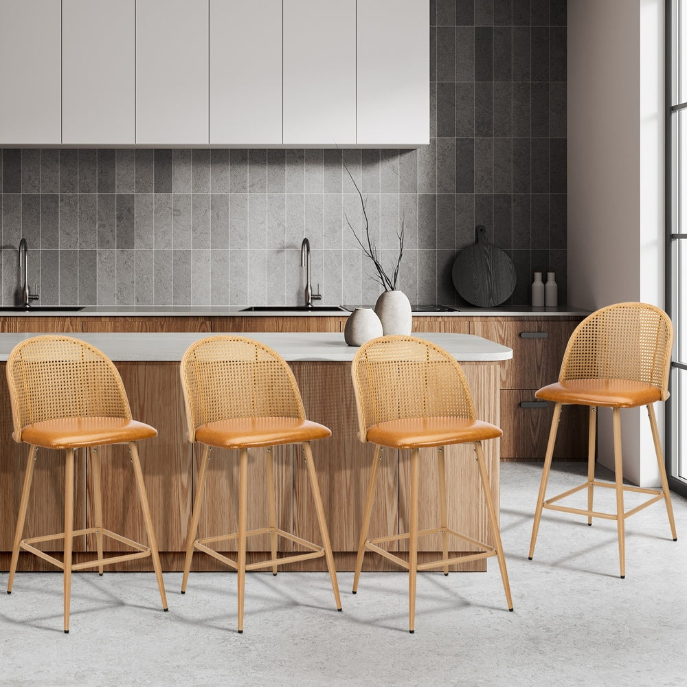 4x Bar Stools Rattan Dining Chair Velvet Black