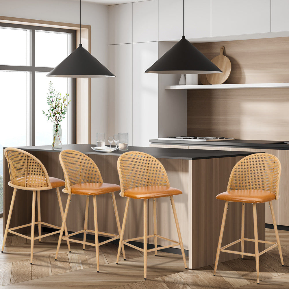 4x Bar Stools Rattan Dining Chair Velvet Black