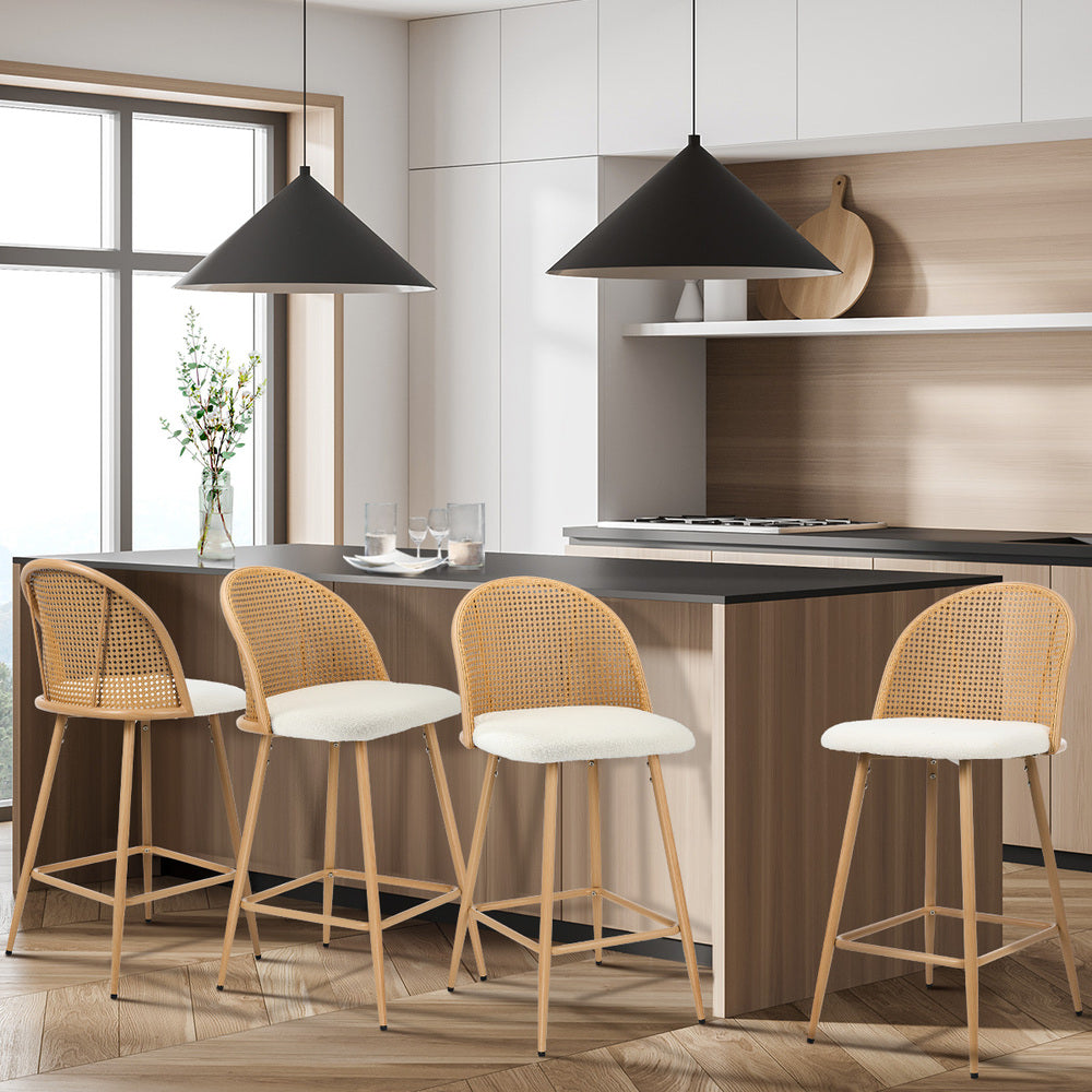 4x Bar Stools Rattan Dining Chair Velvet Black