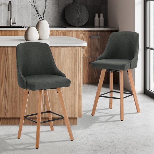 2x Wooden Bar Stool Kitchen Dining Chair Linen Fabric