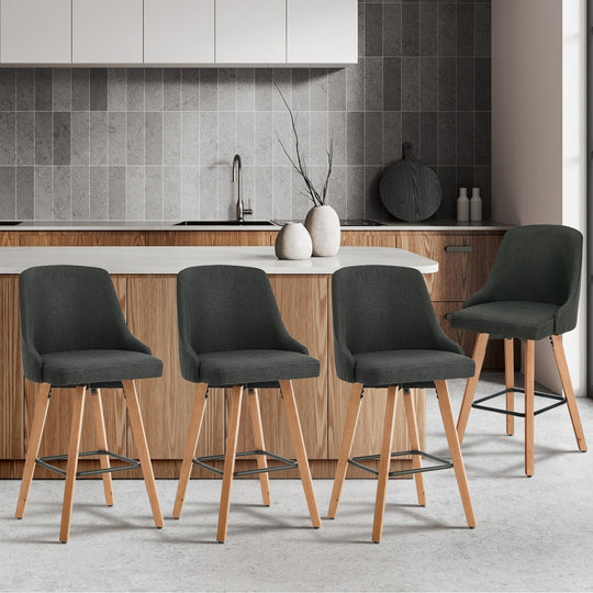 4x Wooden Bar Stool Kitchen Dining Chair Linen Fabric Grey