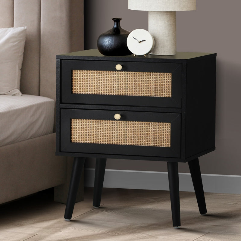 Bedside Table 2 Drawers Storage Cabinet Rattan with Rattan finish
