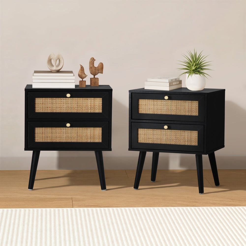 Bedside Table 2 Drawers Storage Cabinet Rattan