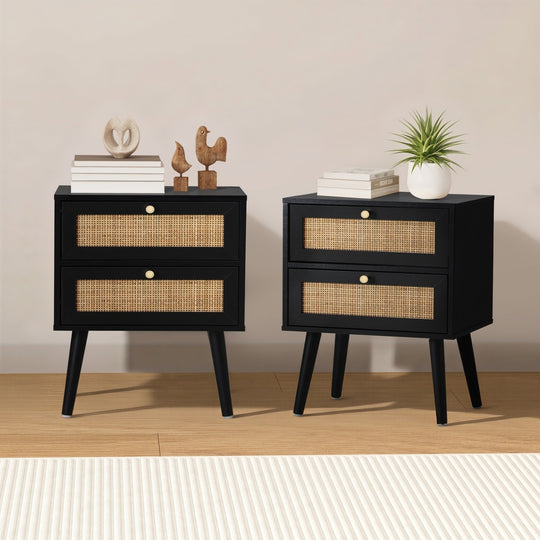 Bedside Table 2 Drawers Storage Cabinet Rattan