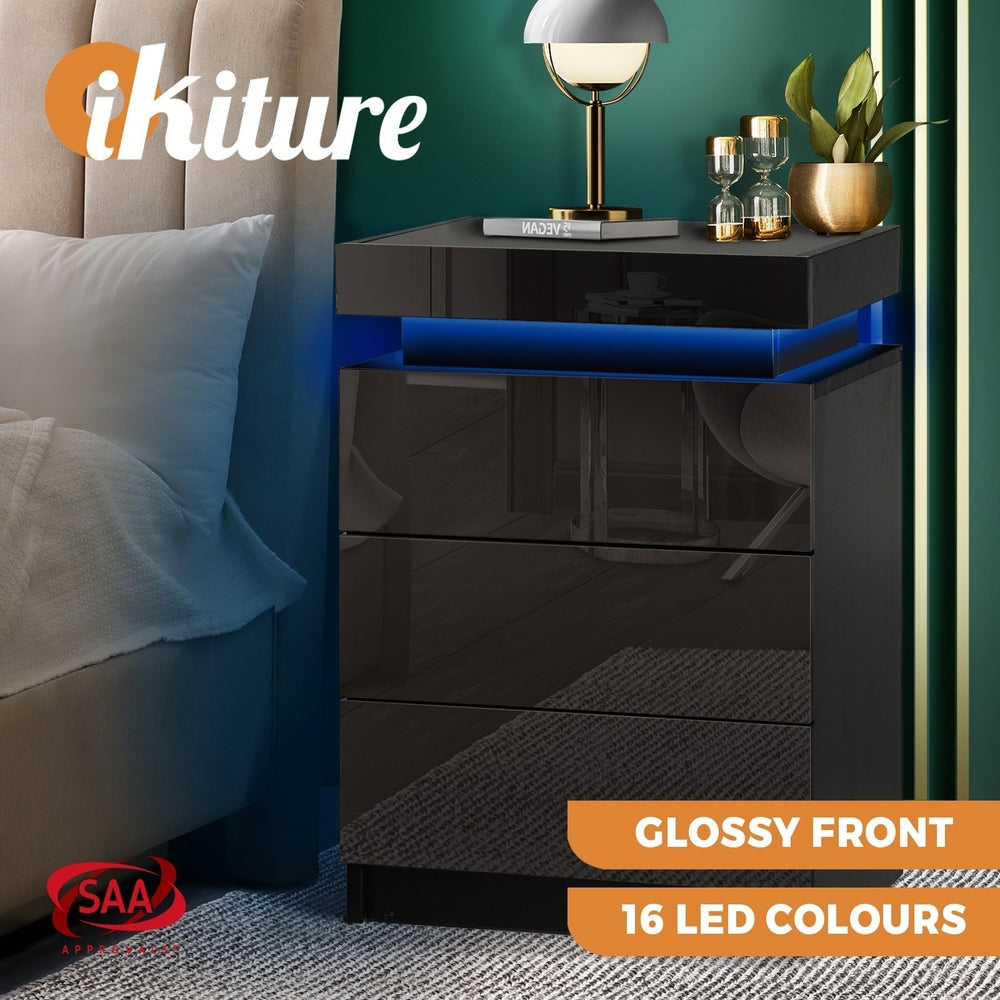 Bedside Table RGB LED Nightstand Cabinet 3 Drawers Side Table Furniture Black/White