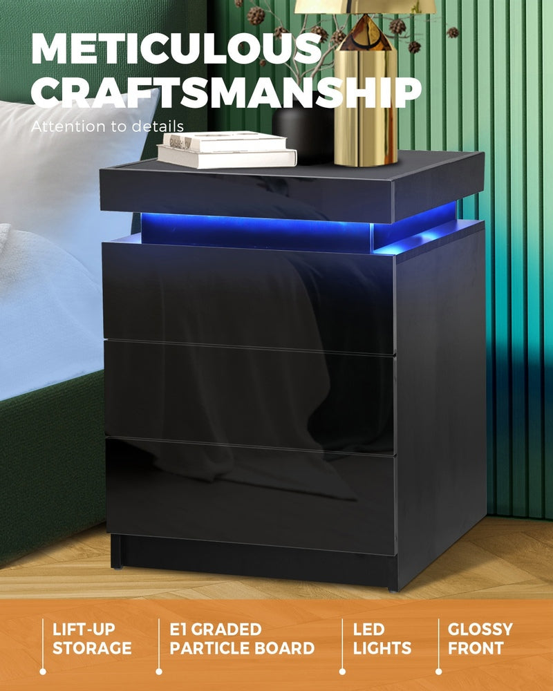 Bedside Tables Set of 2 LED Nightstand Black/White