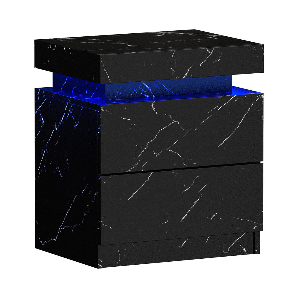Bedside Table 2 Drawers LED Nightstand Marble Effect Black/White