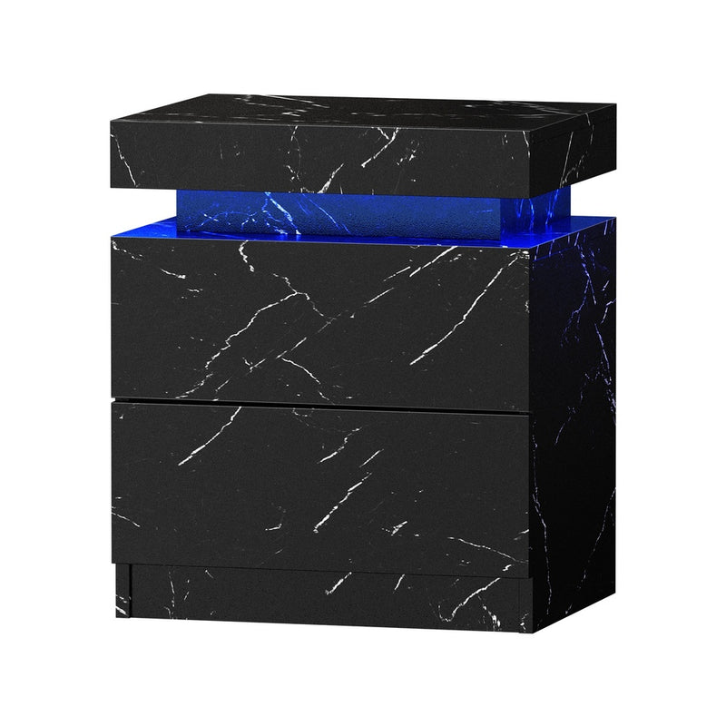 2x Bedside Table 2 Drawers LED Nightstand Marble Effect with Marble finish