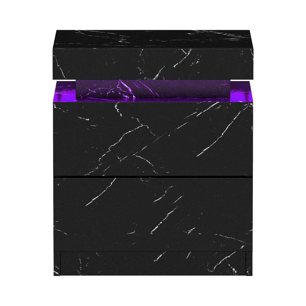 2x Bedside Table 2 Drawers LED Nightstand Marble Effect