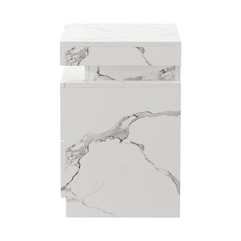2x Bedside Table 2 Drawers LED Nightstand Marble Effect