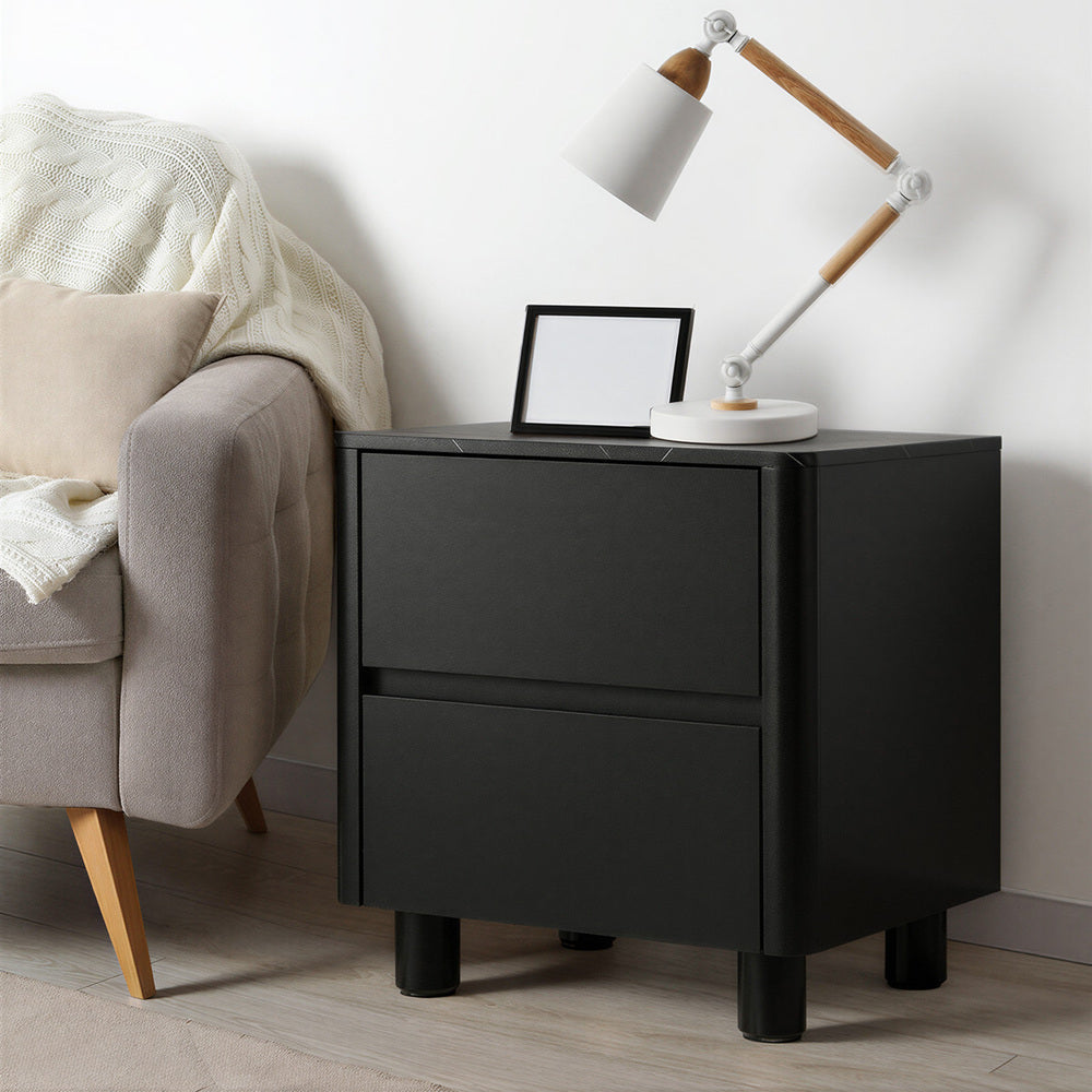 Bedside Table 2 Drawer Storage Cabinet Nightstand Walnut/Black Wood Finish