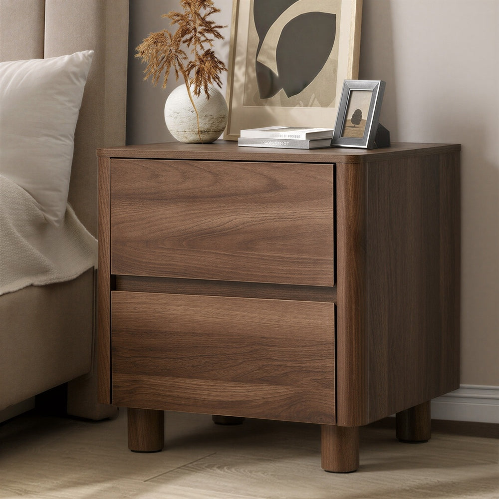 Bedside Table 2 Drawer Storage Cabinet Nightstand Walnut/Black Wood Finish