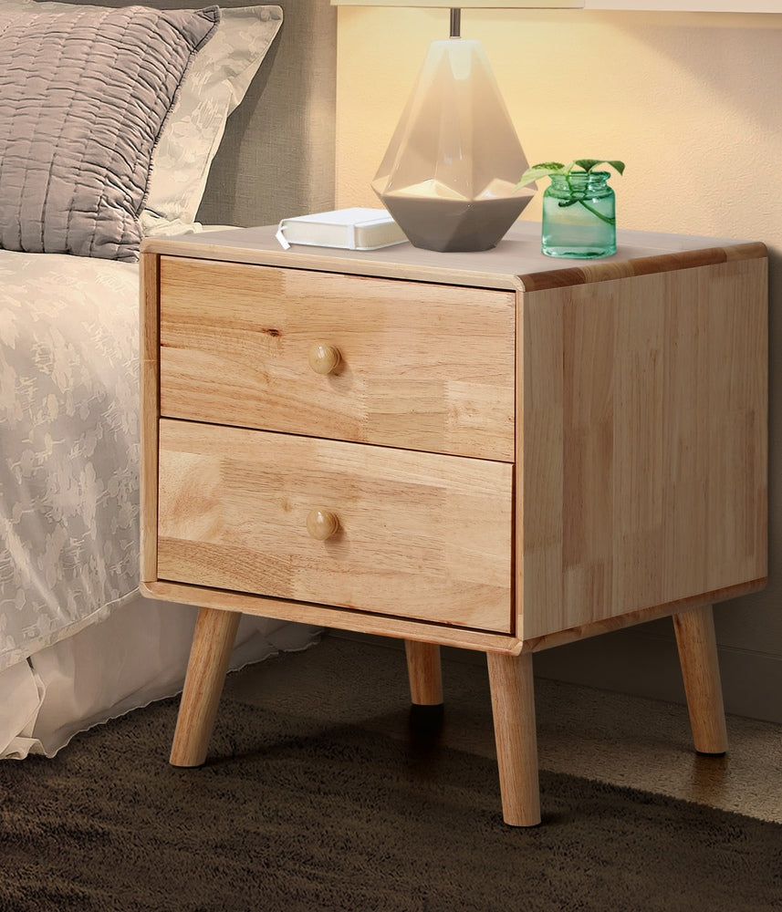 Bedside Table 2 Drawers Storage Rubber Wood