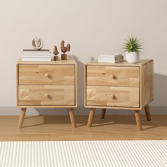 Set of 2 Bedside Tables 2 Drawers Side Tables Rubber Wood