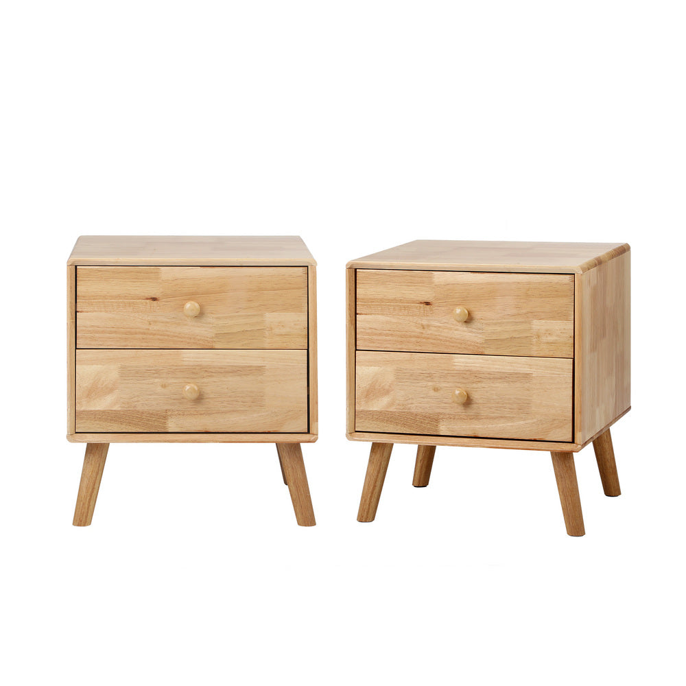 Set of 2 Bedside Tables 2 Drawers Side Tables Rubber Wood