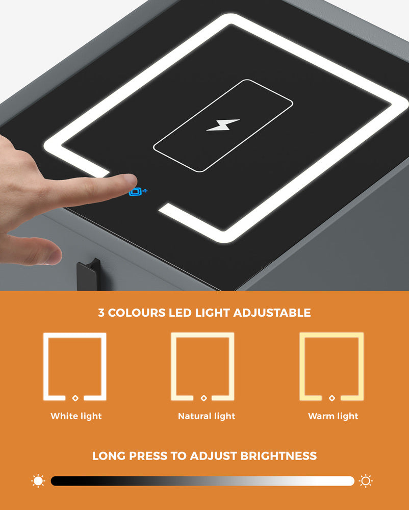 Smart Bedside Table Wireless Charging LED Lights 2 Drawers