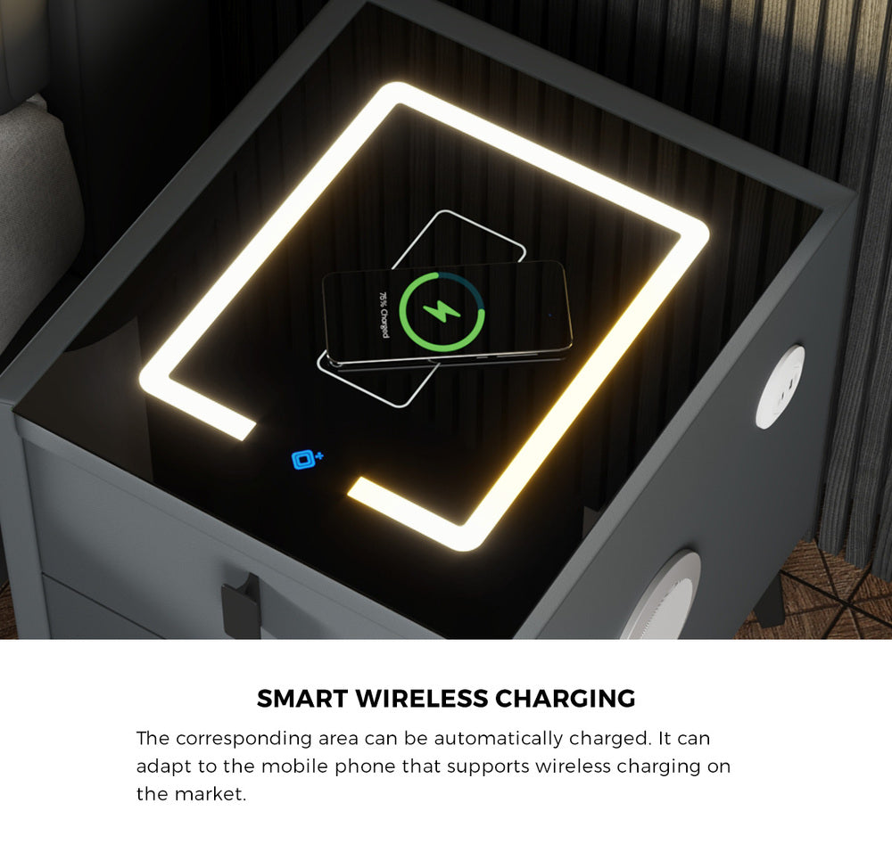 Smart Bedside Table Wireless Charging LED Lights 2 Drawers