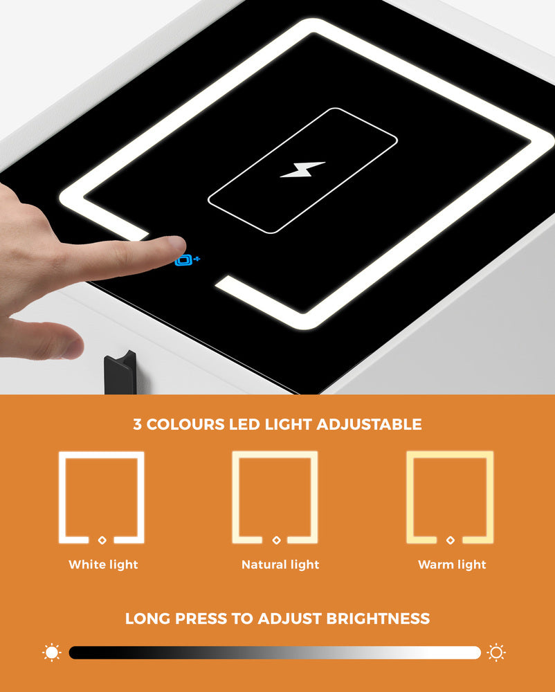 Smart Bedside Table Wireless Charging LED Lights 2 Drawers