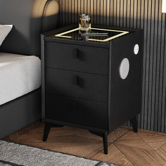 Smart Bedside Table Black 3 Drawers LED Lights Wireless Charging Nightstand