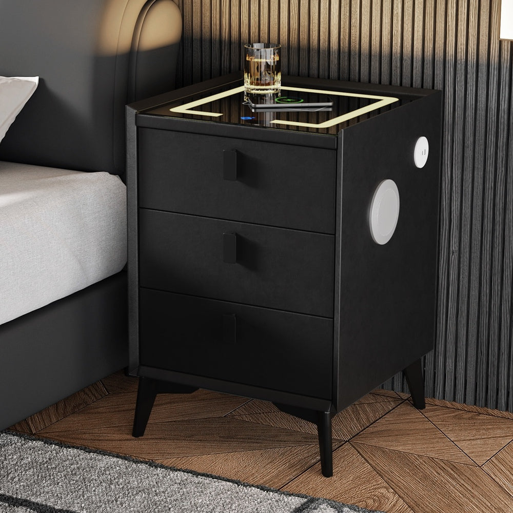 Smart Bedside Table Wireless Charging LED Lights 3 Drawers Black