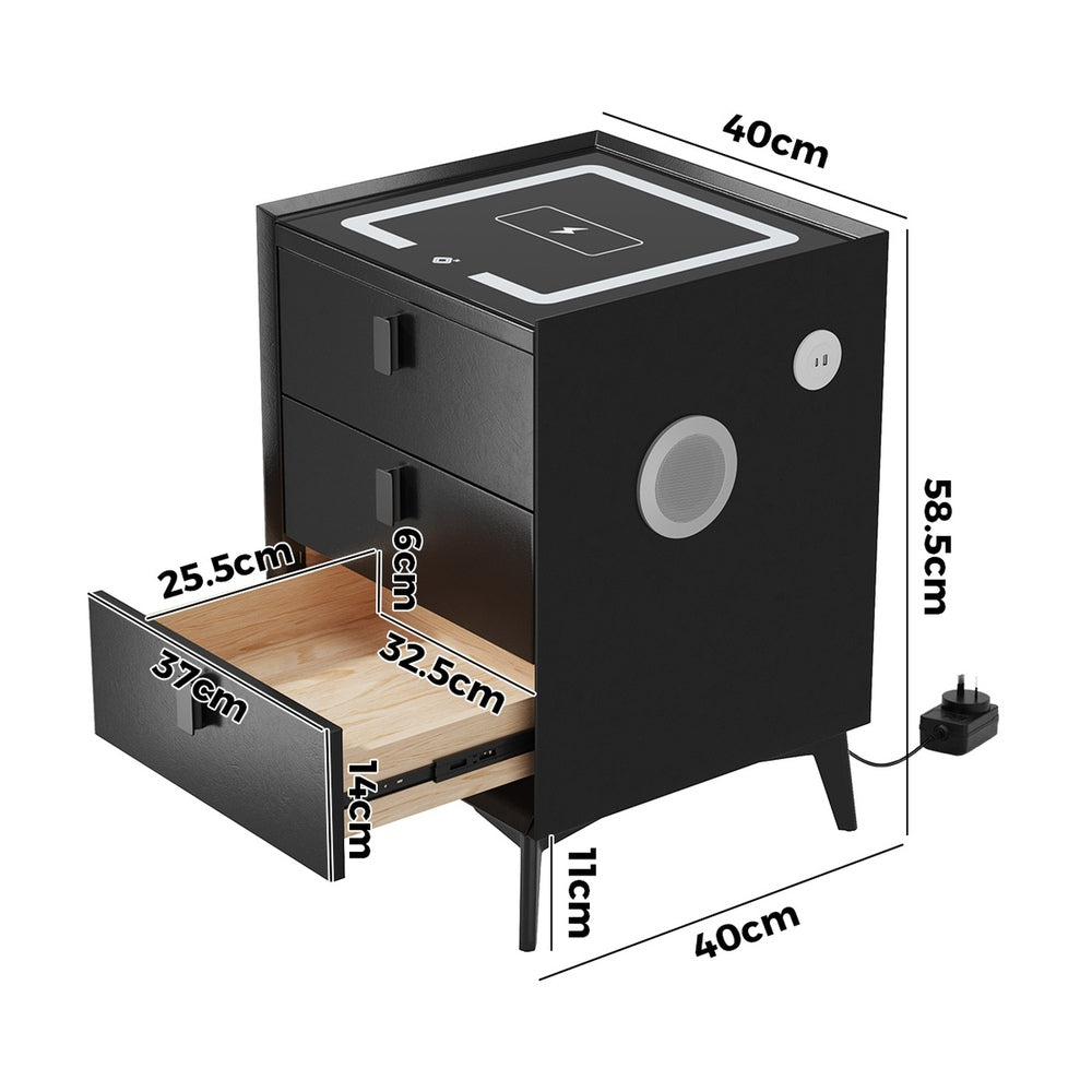 Smart Bedside Table Black 3 Drawers LED Lights Wireless Charging Nightstand