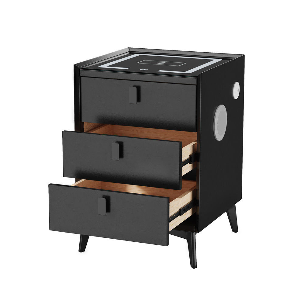 Smart Bedside Table Black 3 Drawers LED Lights Wireless Charging Nightstand