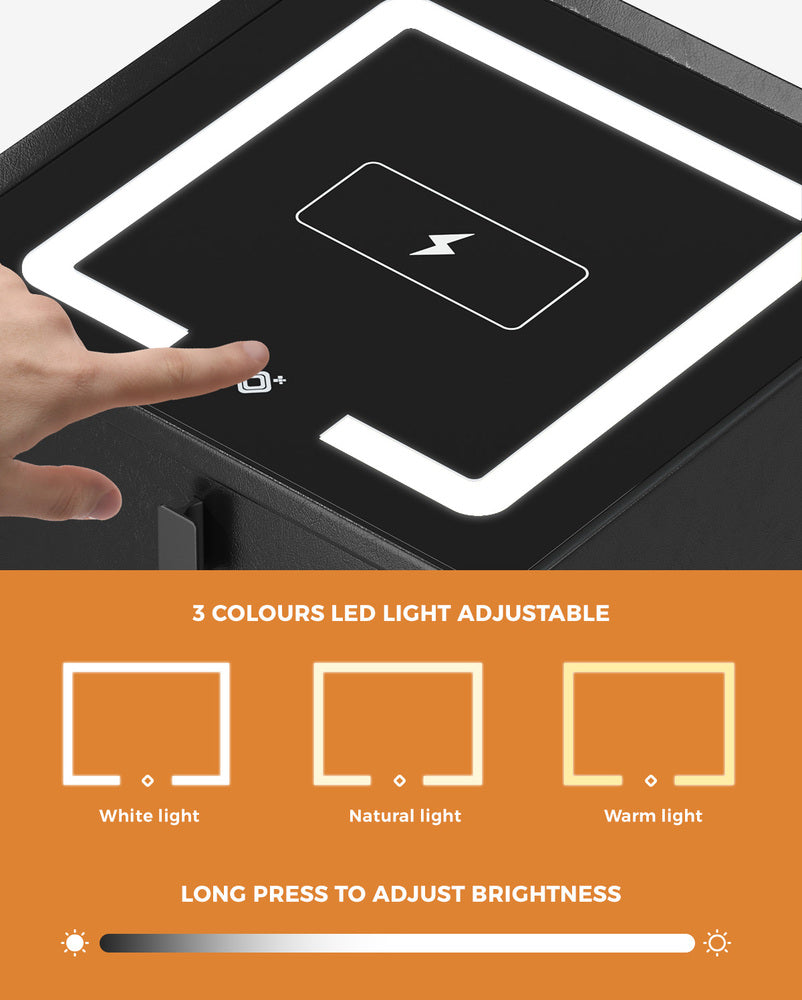 Smart Bedside Table Black 3 Drawers LED Lights Wireless Charging Nightstand