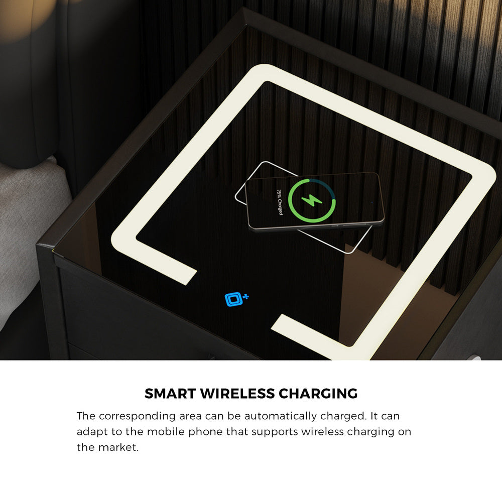Smart Bedside Table Black 3 Drawers LED Lights Wireless Charging Nightstand