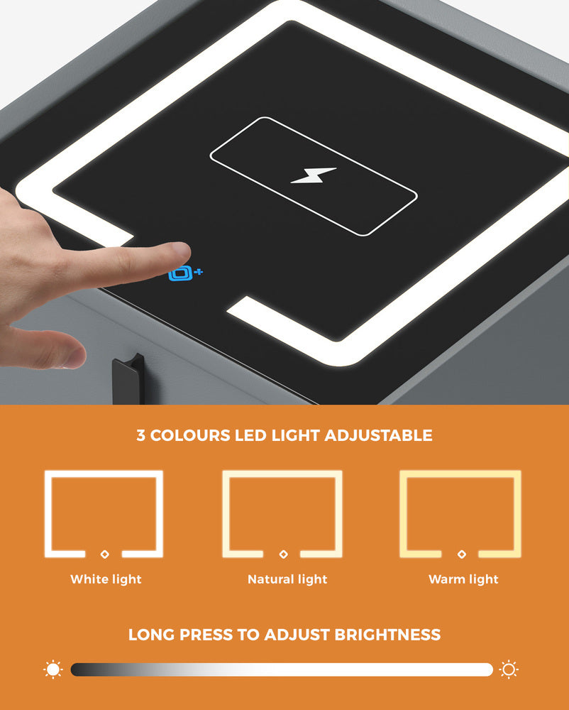 Smart Bedside Table Wireless Charging LED Lights 3 Drawers