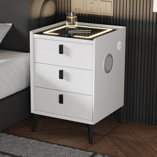 Smart Bedside Table Wireless Charging LED Lights 3 Drawers